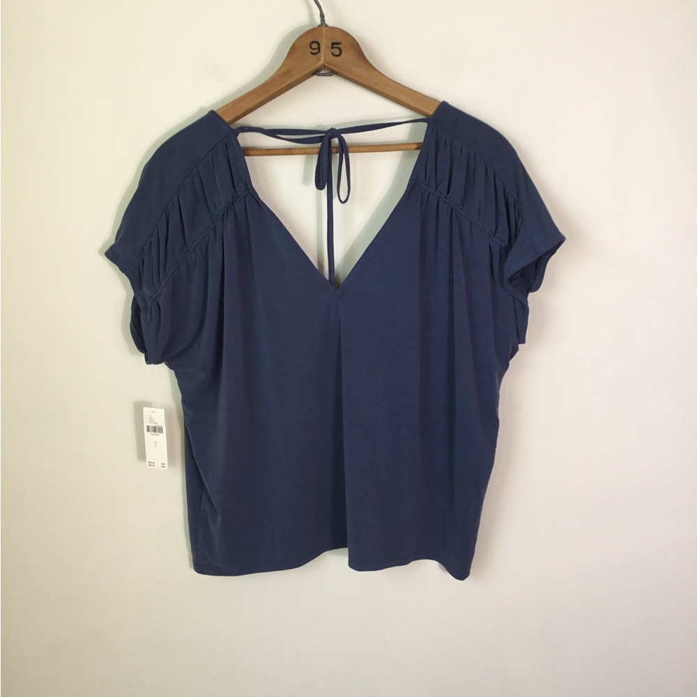 Anthropologie Daily Practice Blue Short Sleeve Double V Neck Shirt NEW